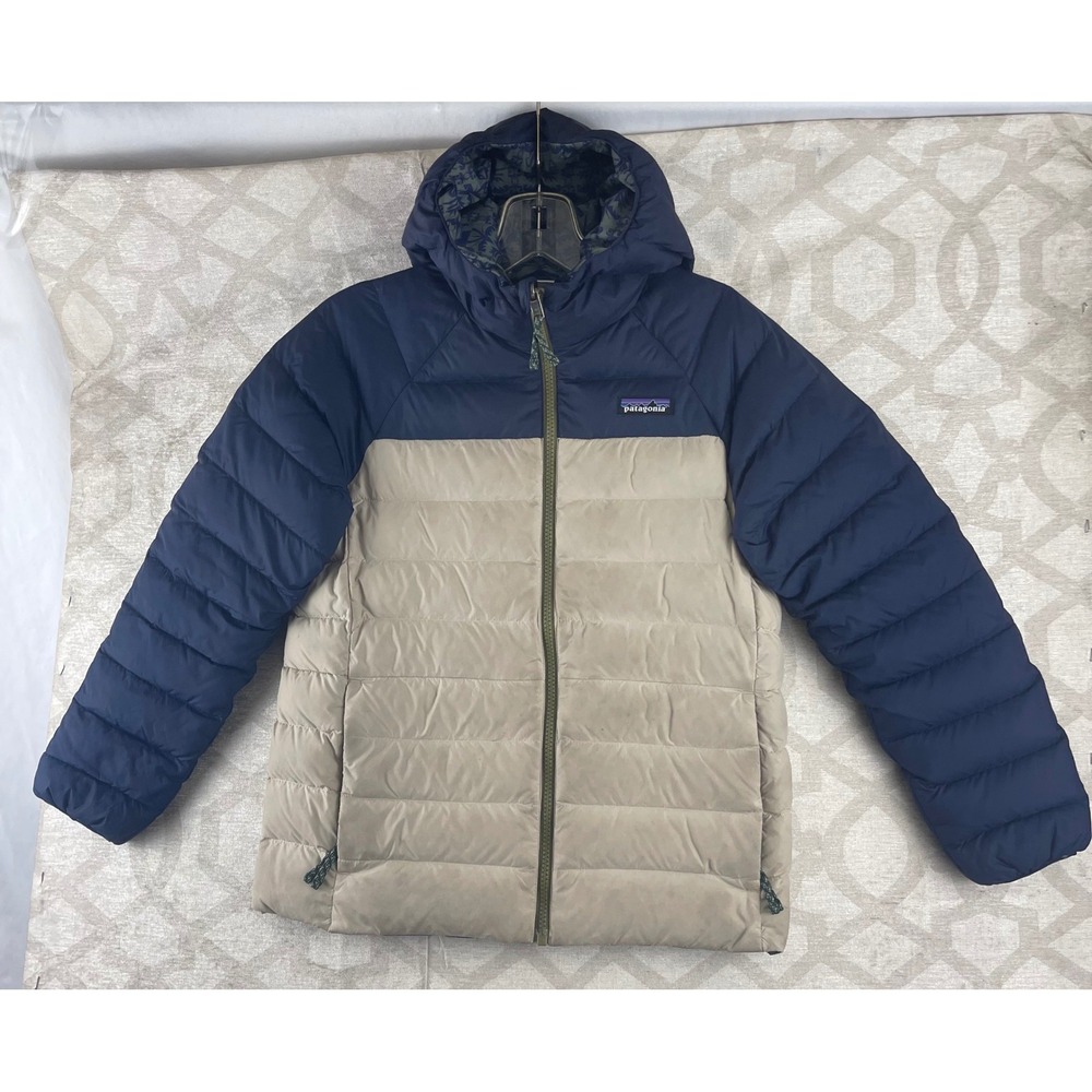 Patagonia Kids Reversible Down Sweater Hoody Navy Tan Blue Pattern Size M 10